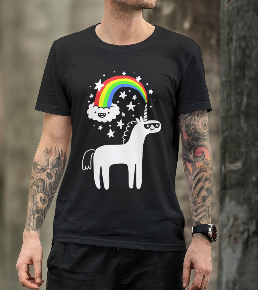 Cool Unicorn With Rainbow And Stars T-Shirt