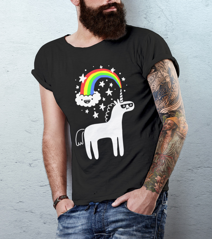 Cool Unicorn With Rainbow And Stars T-Shirt
