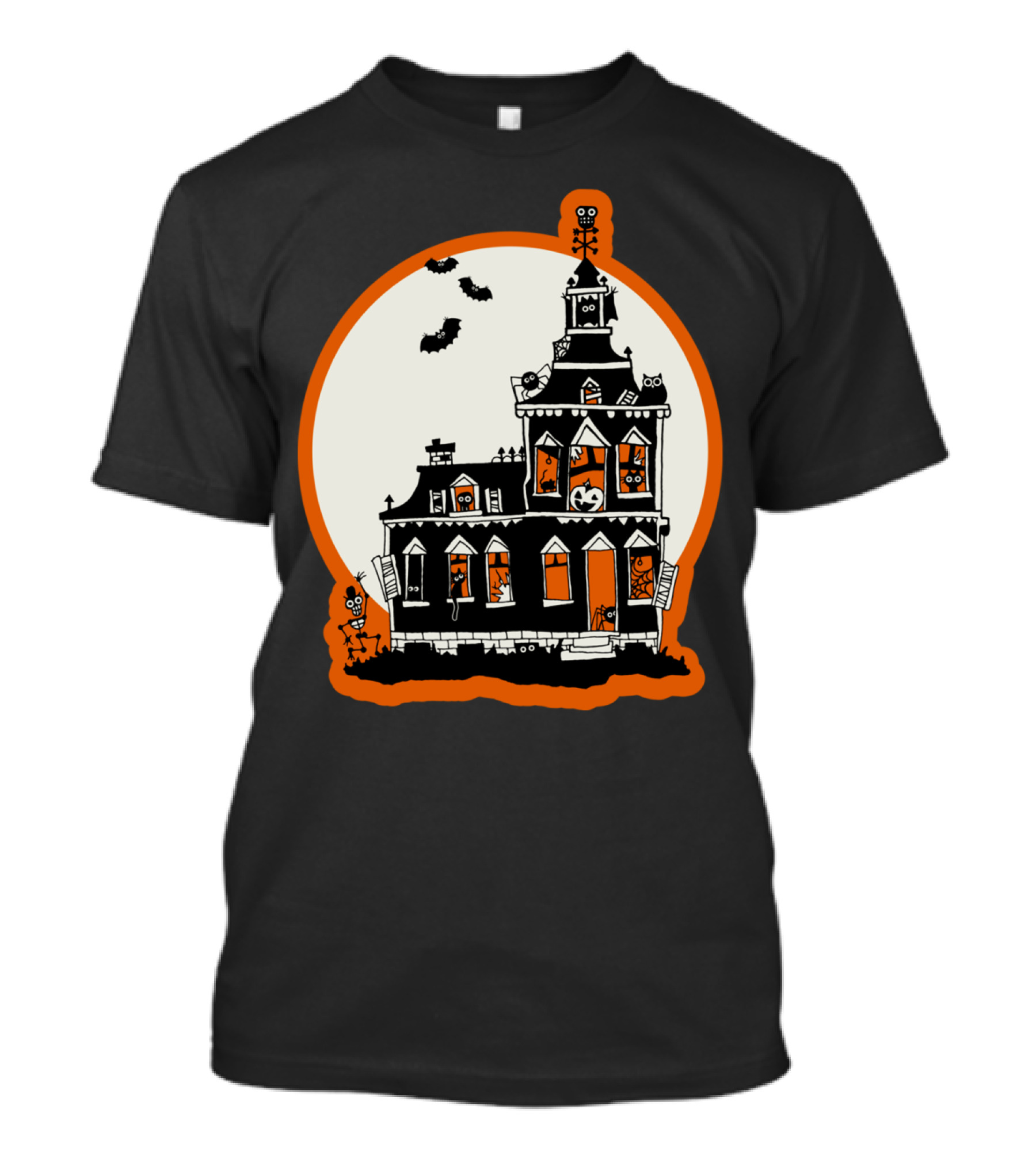 Vintage Style Happy Haunted House With Bats And Pumpkins T-Shirt