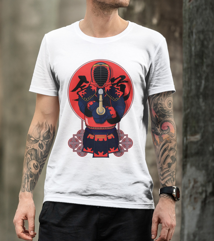 Kendo Martial Arts Warrior In Traditional Armor With Red Japanese Calligraphy Background T-Shirt