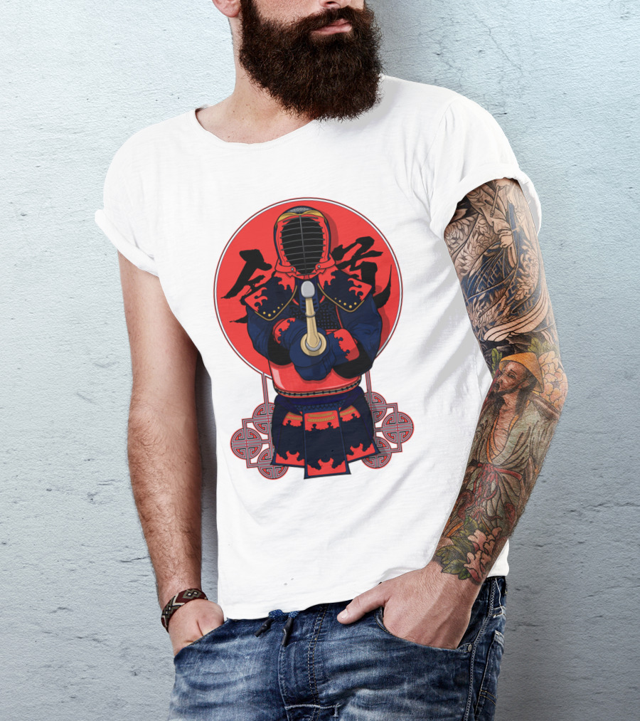 Kendo Martial Arts Warrior In Traditional Armor With Red Japanese Calligraphy Background T-Shirt