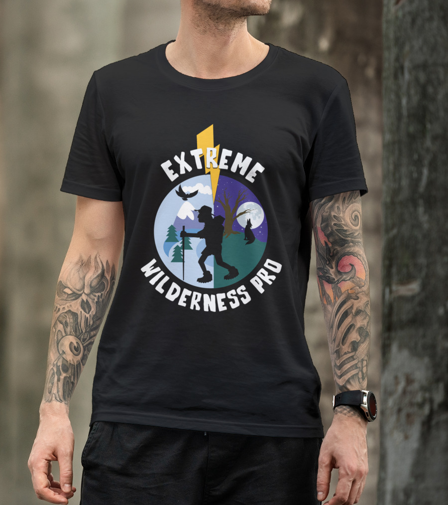 Extreme Wilderness Pro Hiking Adventure Under Moonlit Sky With Trees And Wildlife T-Shirt