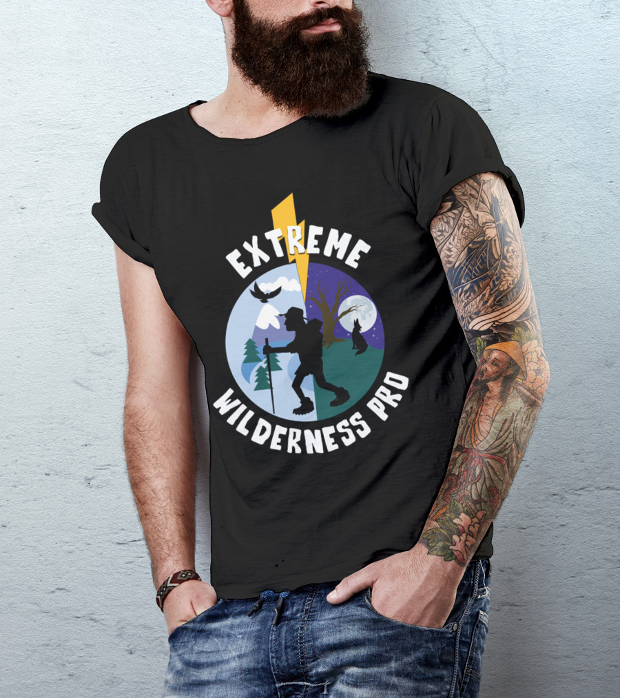Extreme Wilderness Pro Hiking Adventure Under Moonlit Sky With Trees And Wildlife T-Shirt