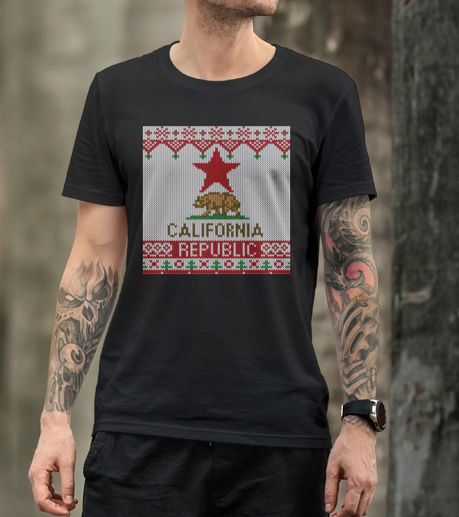 California Republic Ugly Christmas Sweater Style Flag T-Shirt