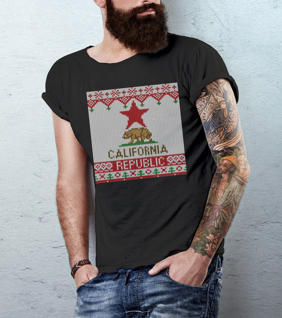 California Republic Ugly Christmas Sweater Style Flag T-Shirt