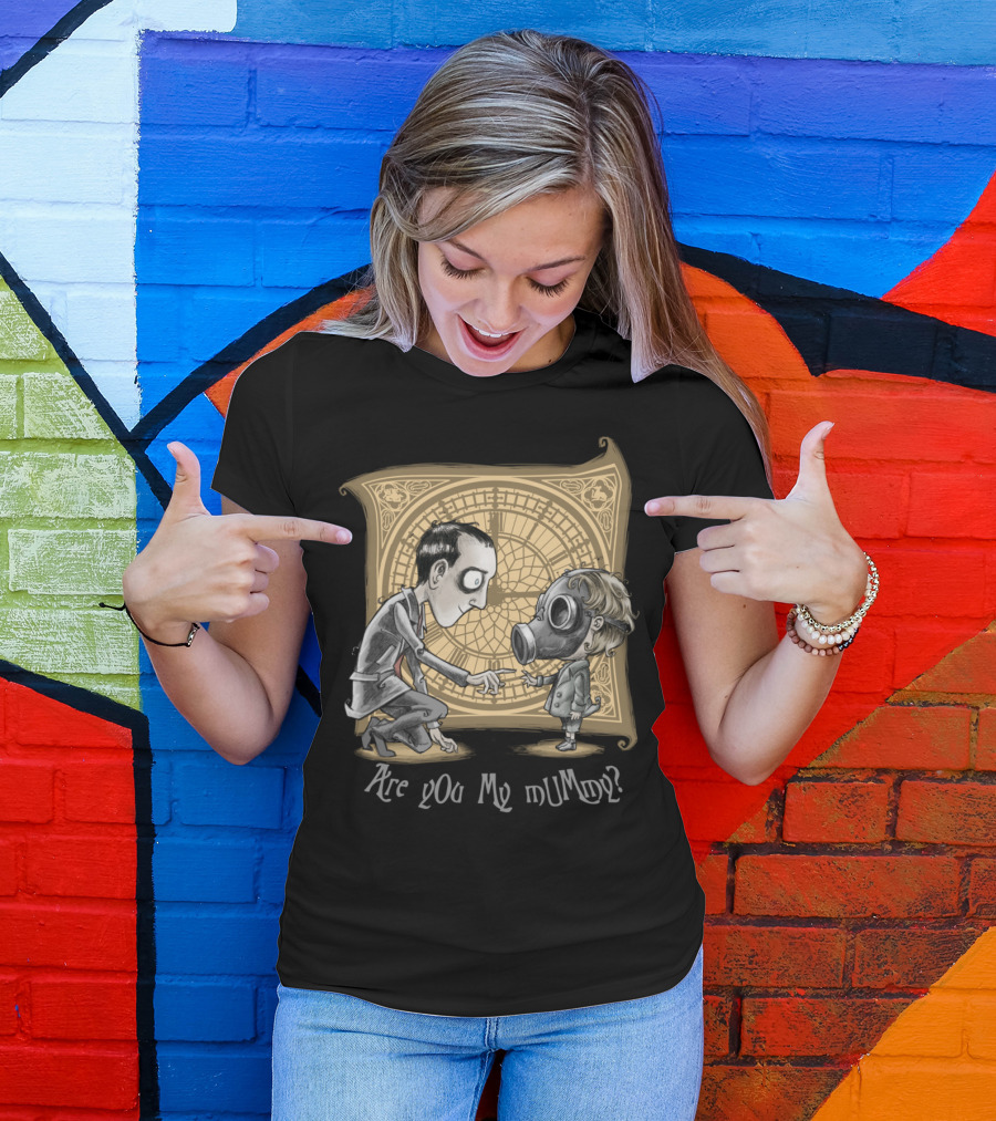 Are You My Mummy Gas Mask Child And Adult With Clock Background T-Shirt