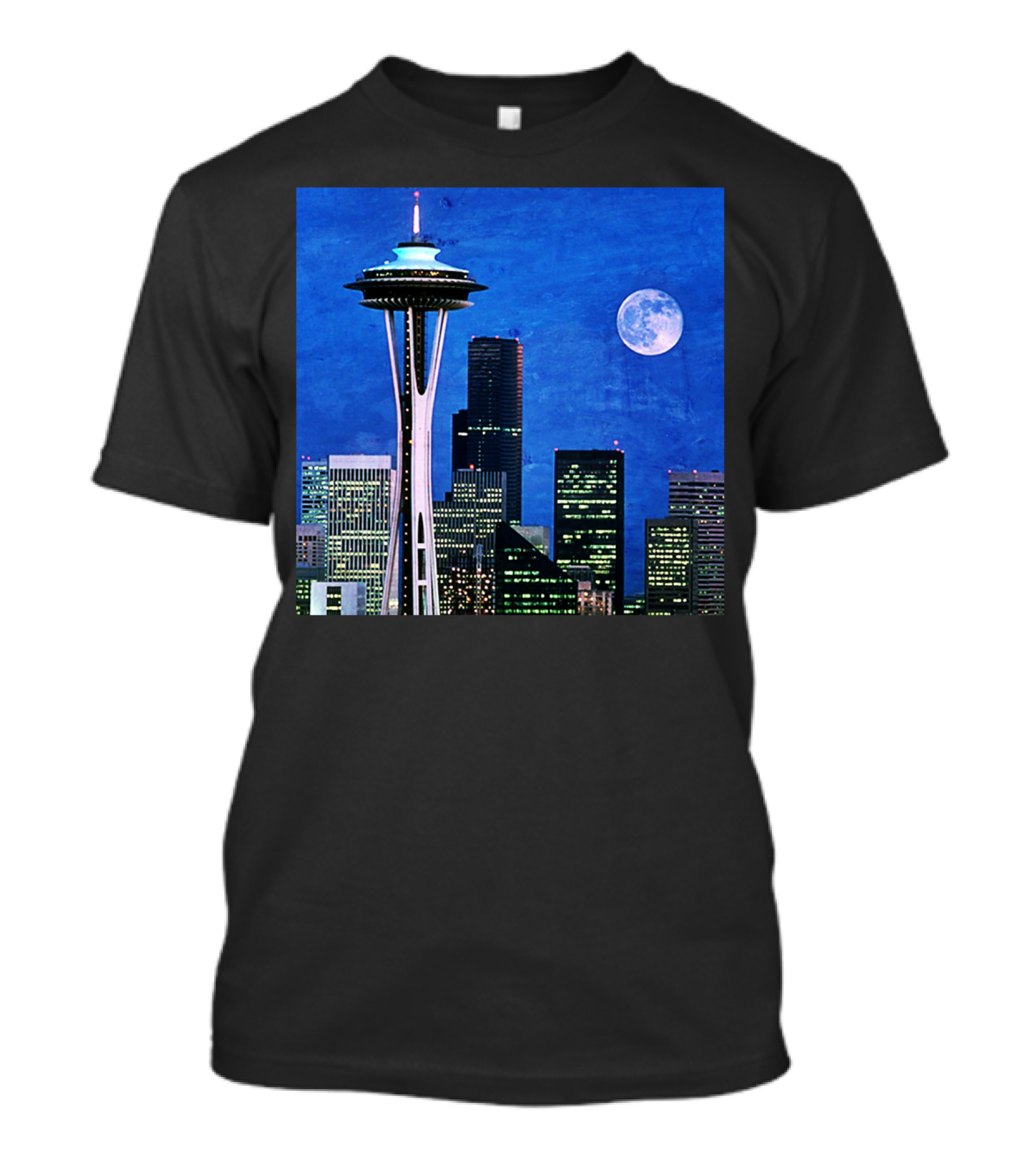 Seattle Space Needle Skyline Blue Night Moon T-Shirt