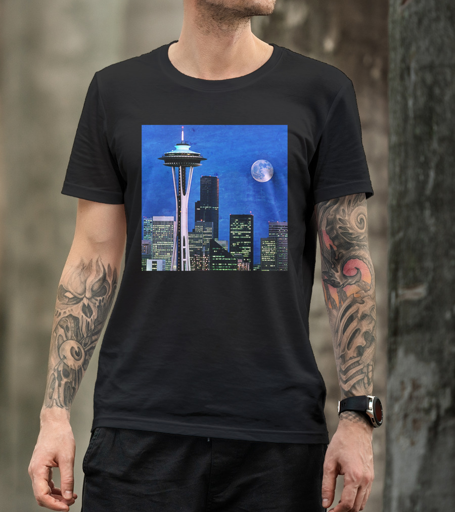 Seattle Space Needle Skyline Blue Night Moon T-Shirt