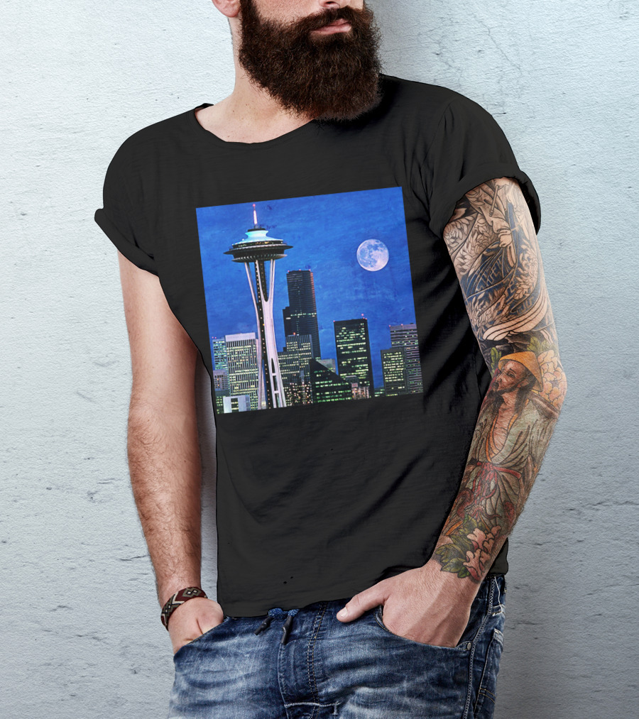 Seattle Space Needle Skyline Blue Night Moon T-Shirt