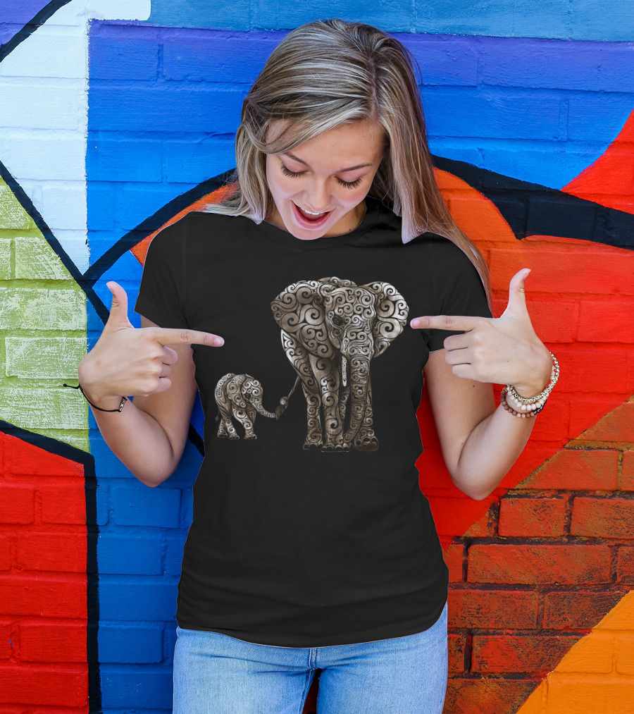 Swirly Elephant Family Ornamented T-Shirt