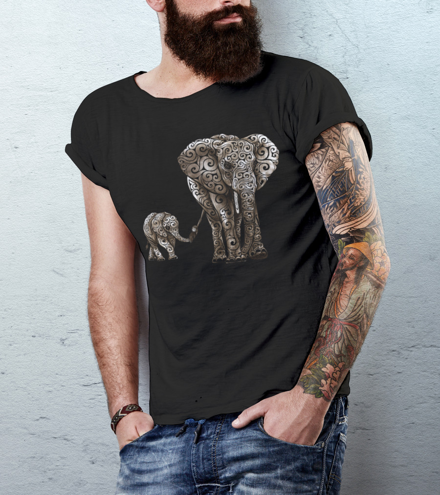 Swirly Elephant Family Ornamented T-Shirt