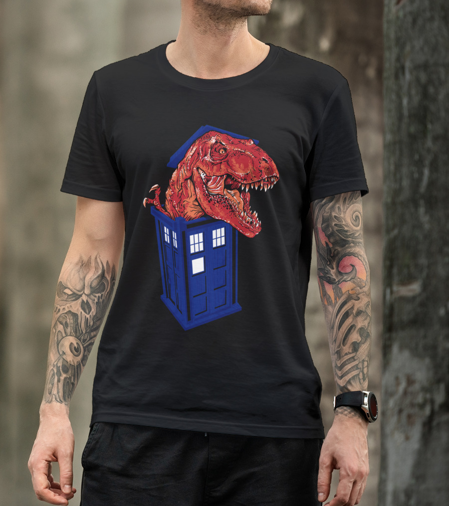 Tyrannosaurus Rex Inside Iconic Blue Police Box Adventure T-Shirt