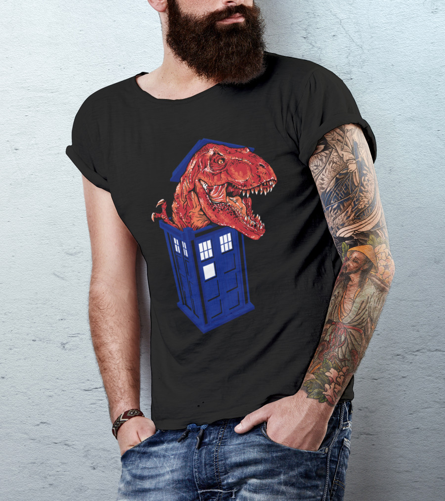 Tyrannosaurus Rex Inside Iconic Blue Police Box Adventure T-Shirt