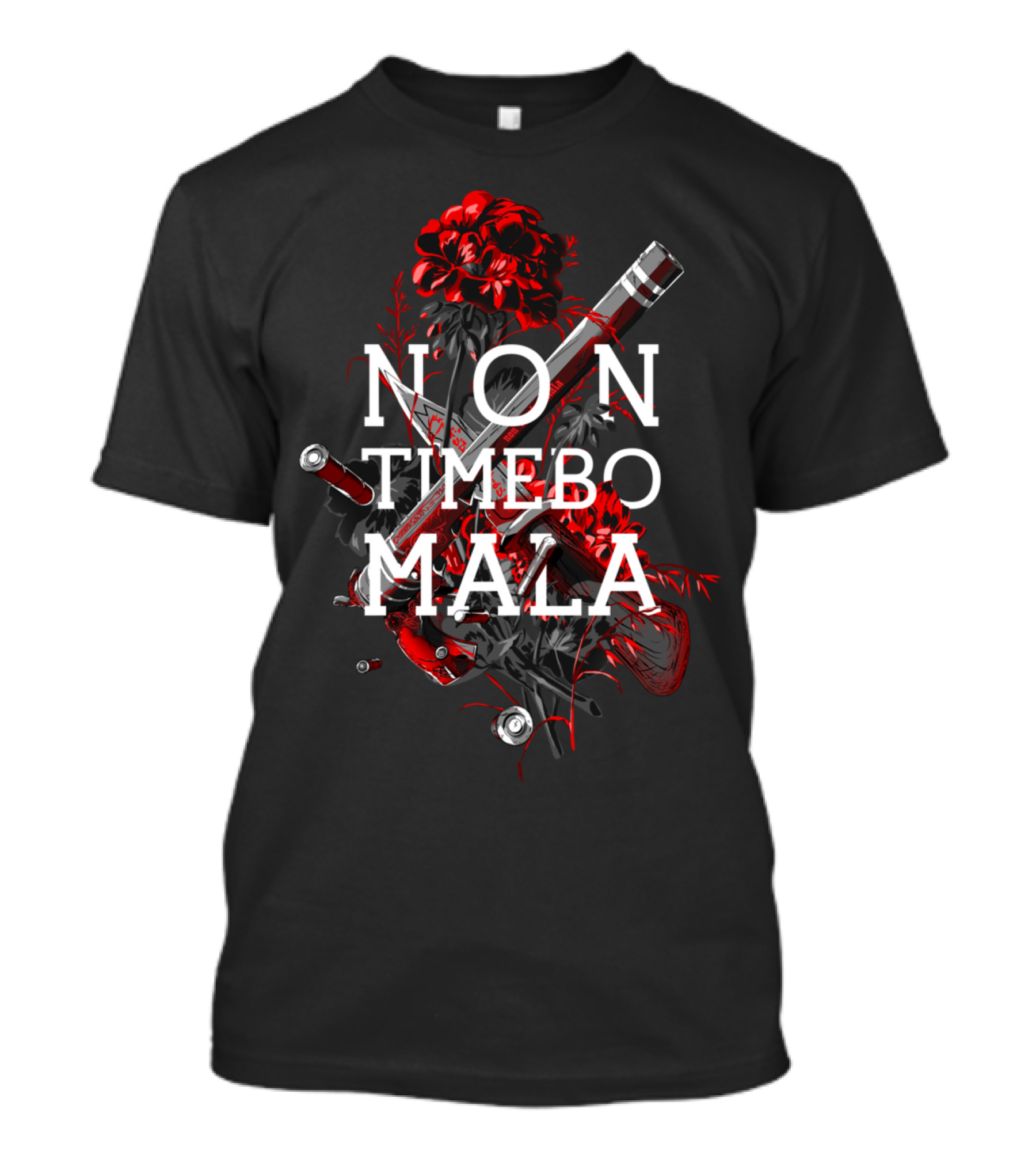 Non Timebo Mala Supernatural Symbol With Flowers And Weapons T-Shirt
