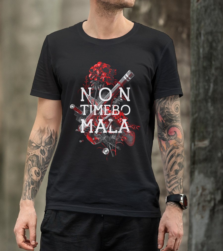 Non Timebo Mala Supernatural Symbol With Flowers And Weapons T-Shirt