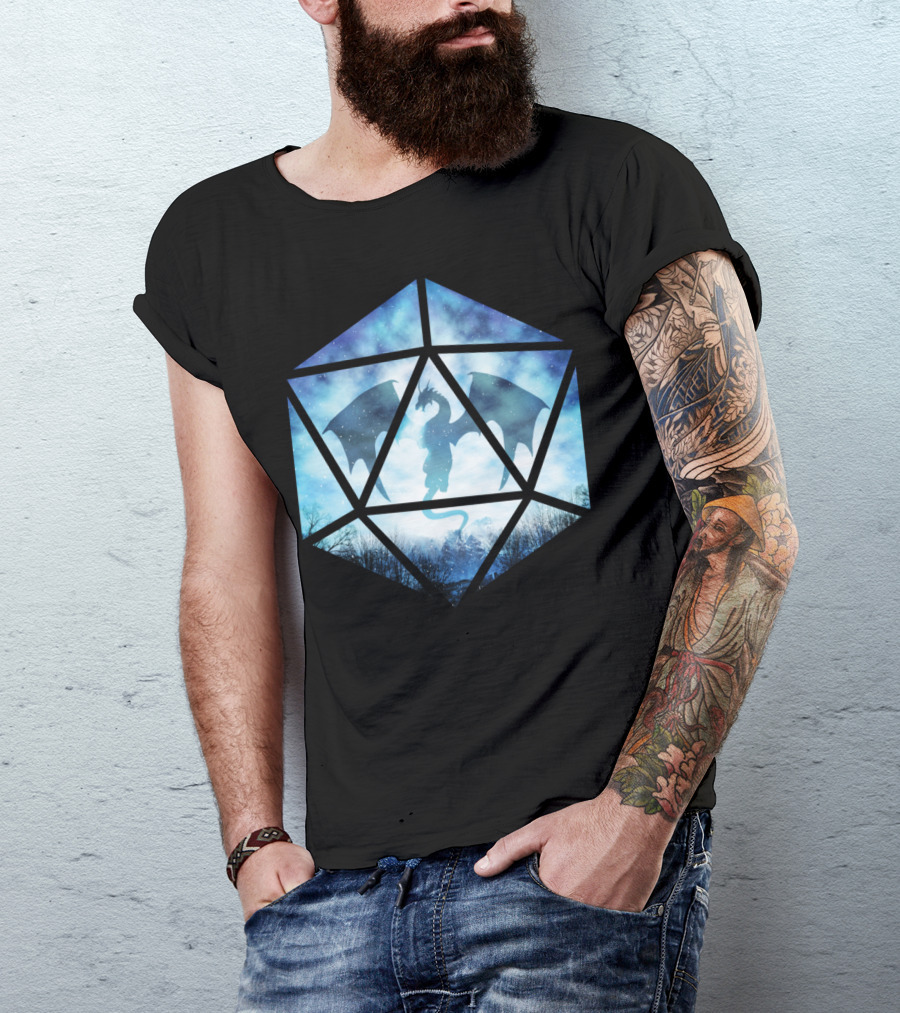 Blue Sky Ice Dragon Dice Silhouette Snowy Night Fantasy T-Shirt