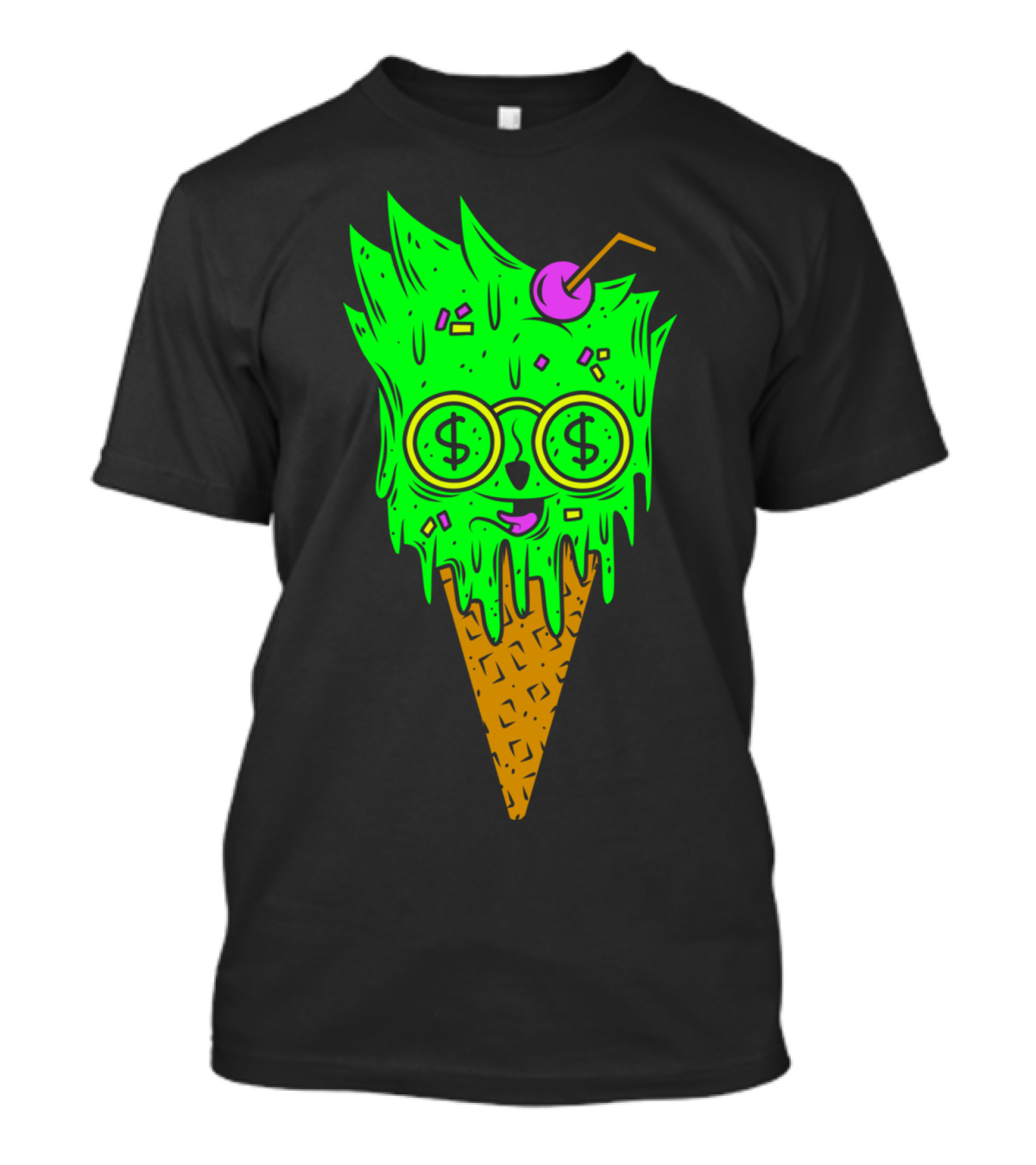 Eye Dollar Ice Cream Cone With Money Glasses And Cherry Straw T-Shirt