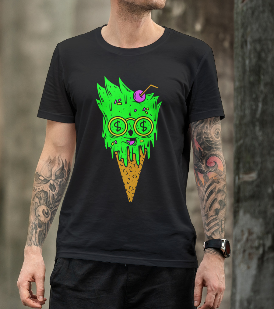 Eye Dollar Ice Cream Cone With Money Glasses And Cherry Straw T-Shirt
