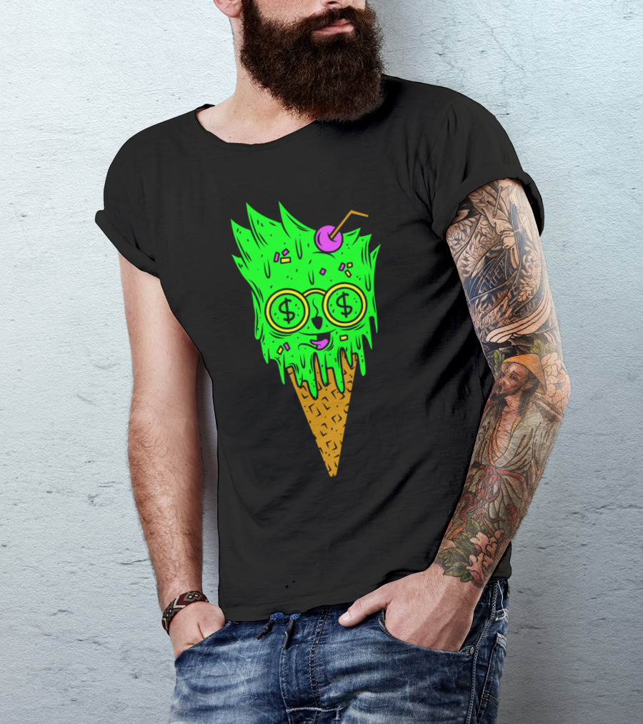 Eye Dollar Ice Cream Cone With Money Glasses And Cherry Straw T-Shirt