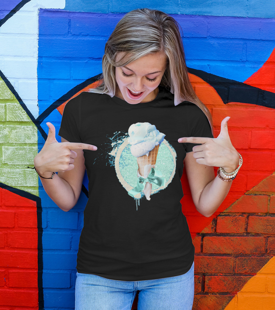 Blue Sugar Ice Cream Cone With Ribbon And Splatter T-Shirt