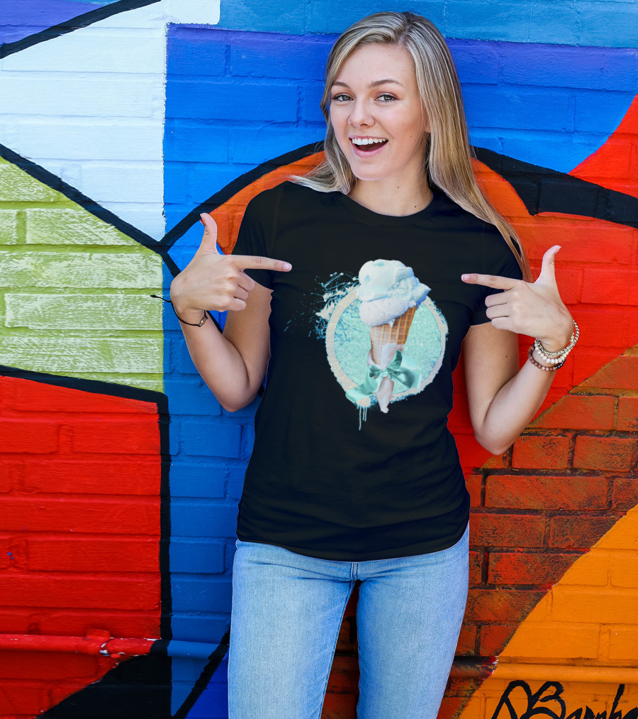 Blue Sugar Ice Cream Cone With Ribbon And Splatter T-Shirt