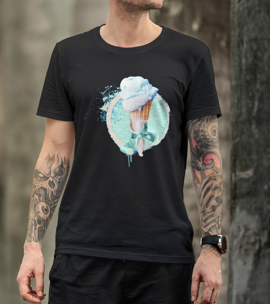 Blue Sugar Ice Cream Cone With Ribbon And Splatter T-Shirt