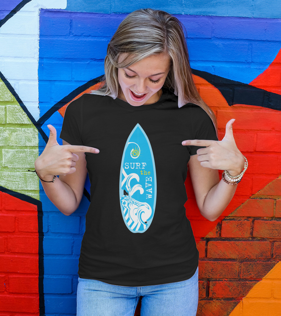 Surf The Wave Blue Surfboard With White T-Shirt