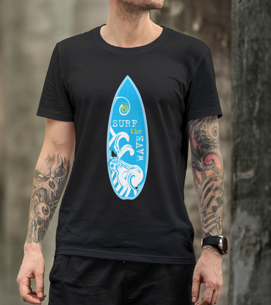 Surf The Wave Blue Surfboard With White T-Shirt