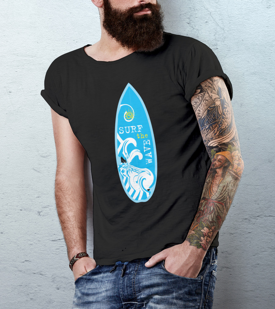 Surf The Wave Blue Surfboard With White T-Shirt