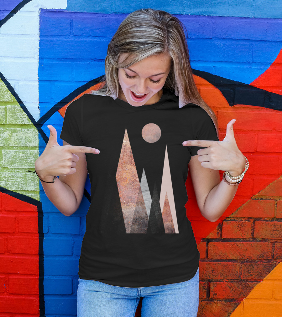Nordic Mountain Sunset Scene With Geometric Peaks And Moon T-Shirt