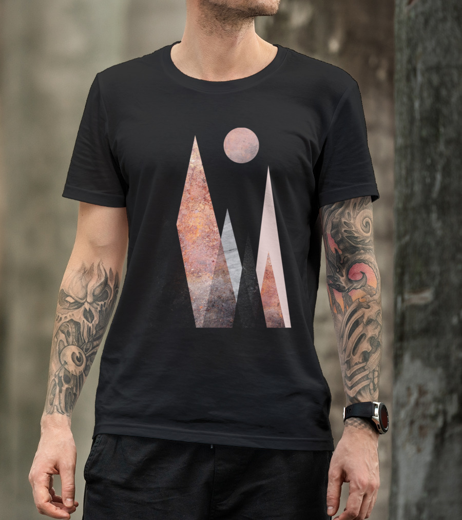 Nordic Mountain Sunset Scene With Geometric Peaks And Moon T-Shirt
