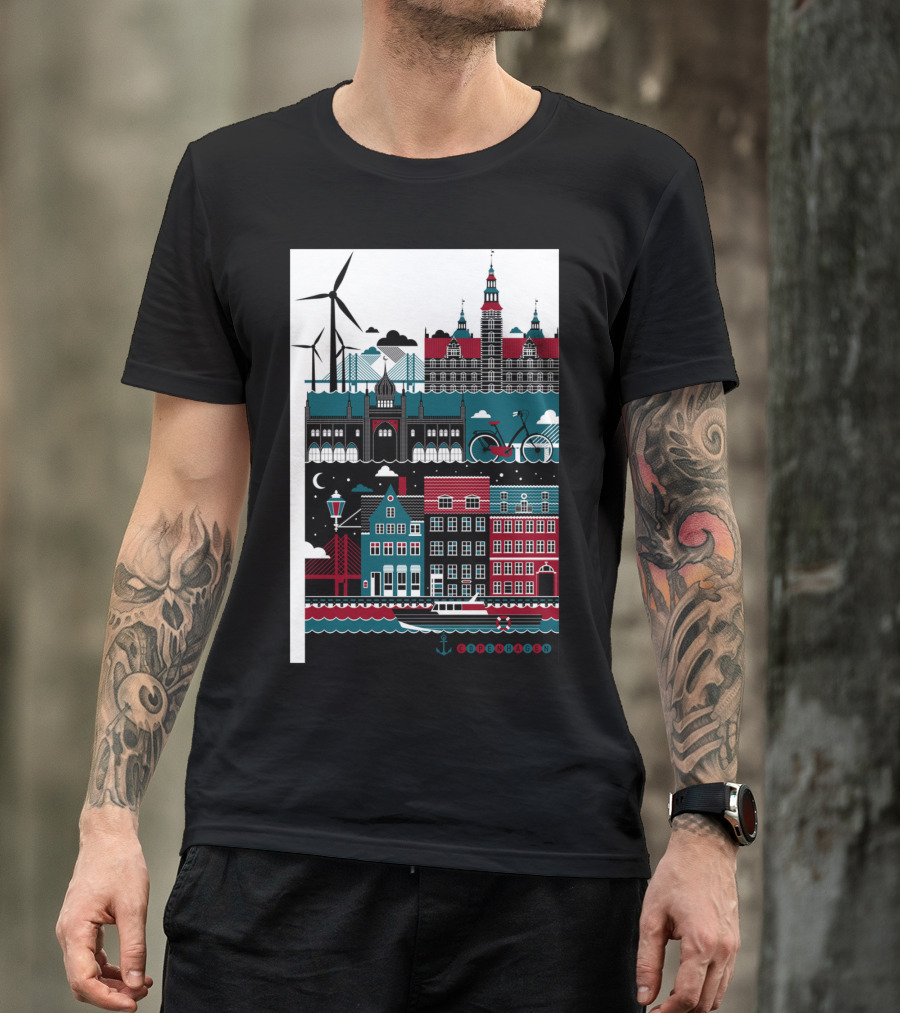Copenhagen Windmills Bike And Buildings Coastal Night Scene T-Shirt