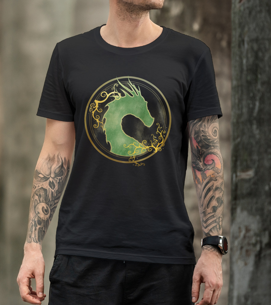 Forest Dragon Green Emblem With Floral Swirls T-Shirt