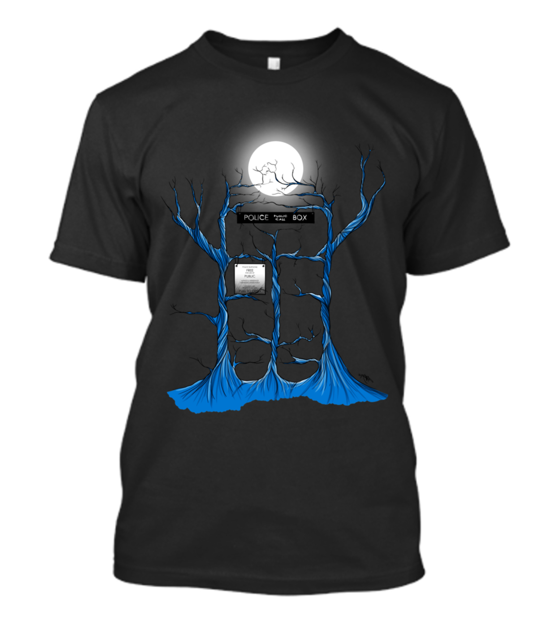 TARDIS Blue Trees Police Public Call Box Moonlight Forest T-Shirt