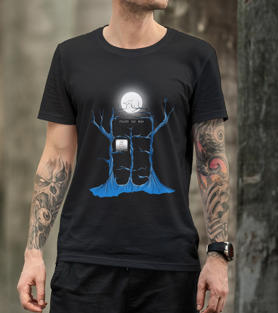 TARDIS Blue Trees Police Public Call Box Moonlight Forest T-Shirt