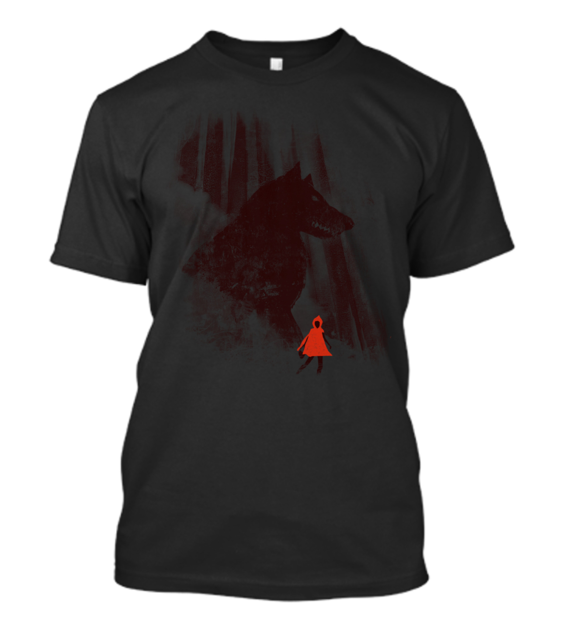 Forest Friendly Wolf And Red Hooded Figure In Dark Woods T-Shirt