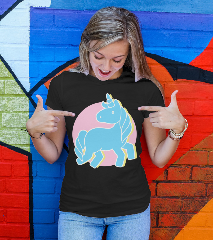 Blue Unicorn In Pink Circle T-Shirt