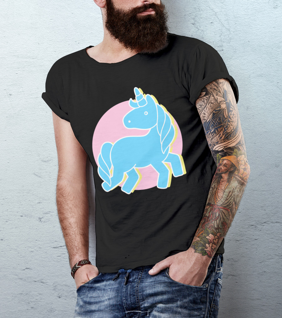 Blue Unicorn In Pink Circle T-Shirt