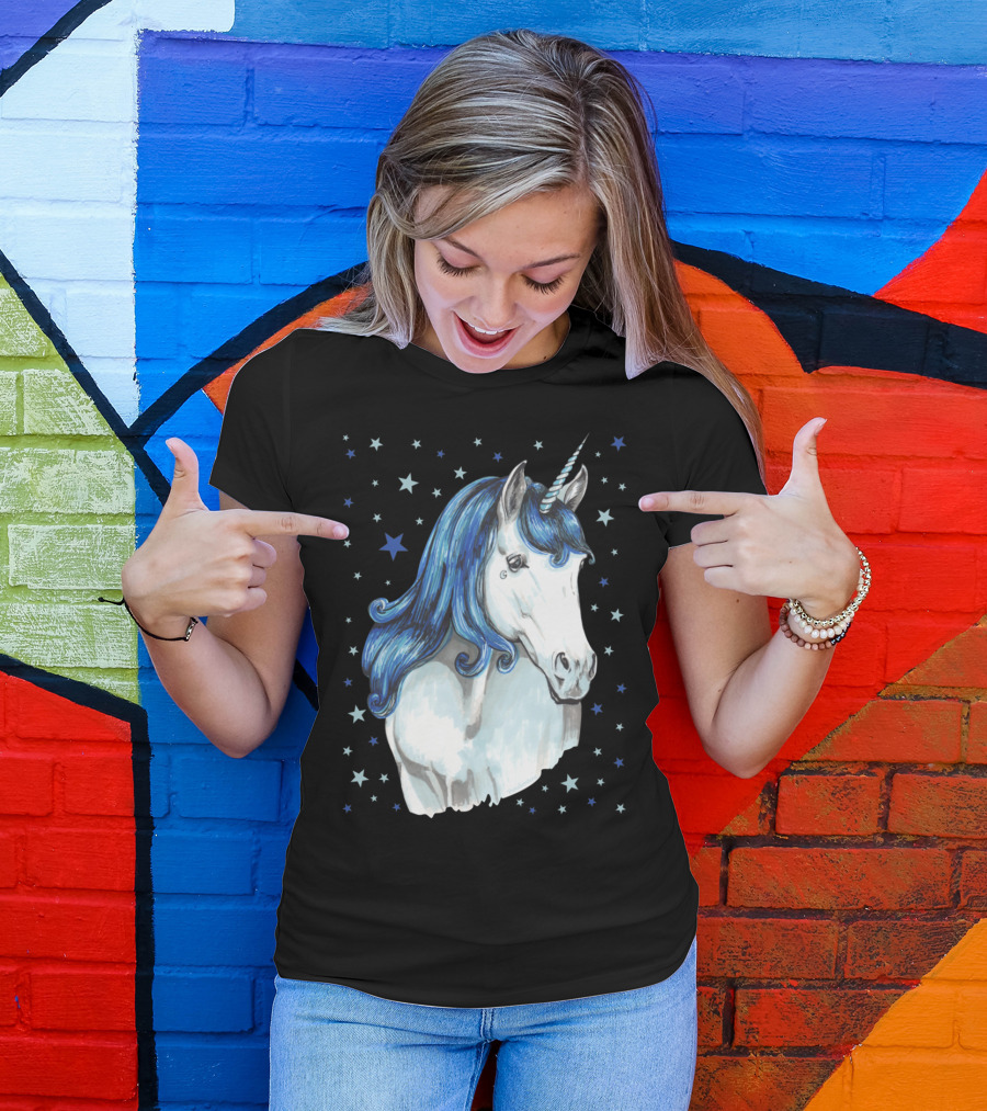 Blue Unicorn With Starry Night Sky T-Shirt