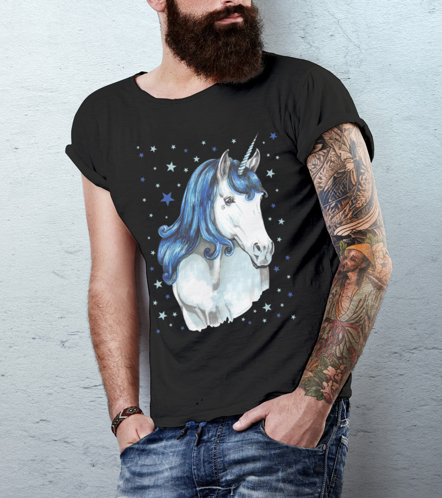 Blue Unicorn With Starry Night Sky T-Shirt