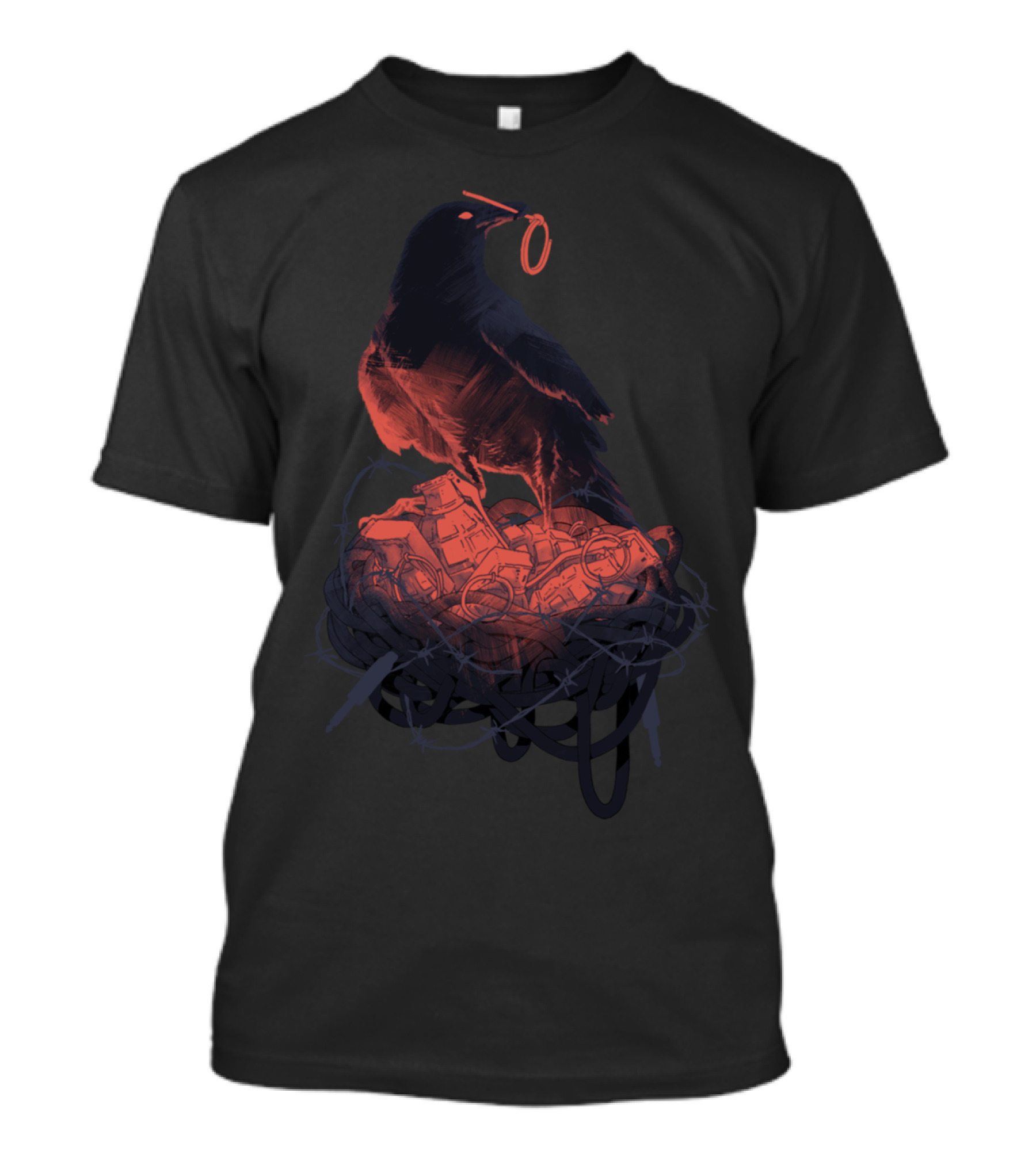 Calm Like A Bomb Crow Perched On Barbed Wire Nest Of Toy Cars T-Shirt