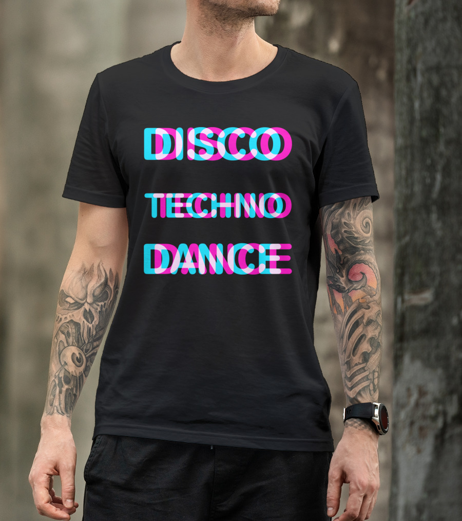 Disco Techno Dance Block Retro Vibrant Text Overlap T-Shirt