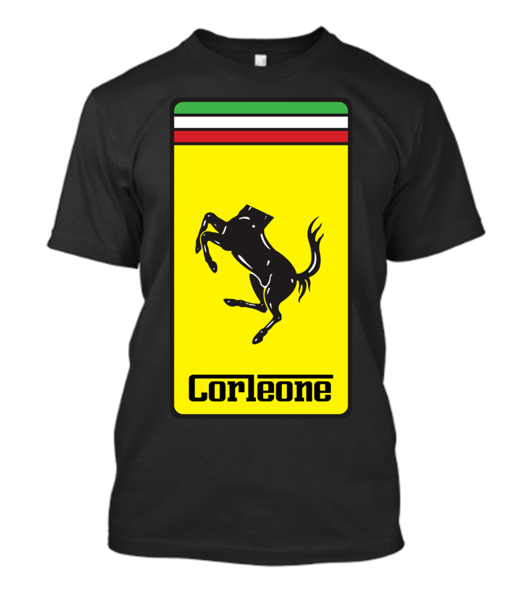 Corleone Ferrari Style Logo Black Horse On Italian Flag Background T-Shirt