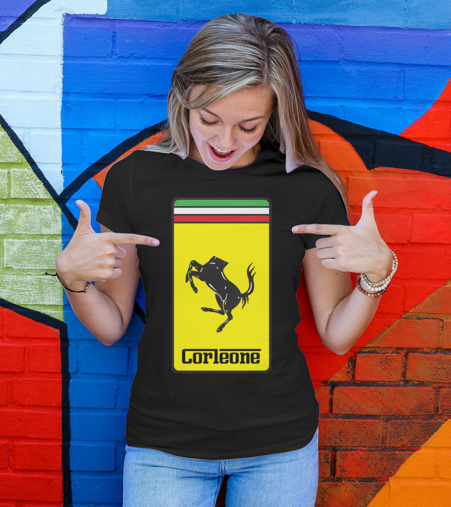 Corleone Ferrari Style Logo Black Horse On Italian Flag Background T-Shirt