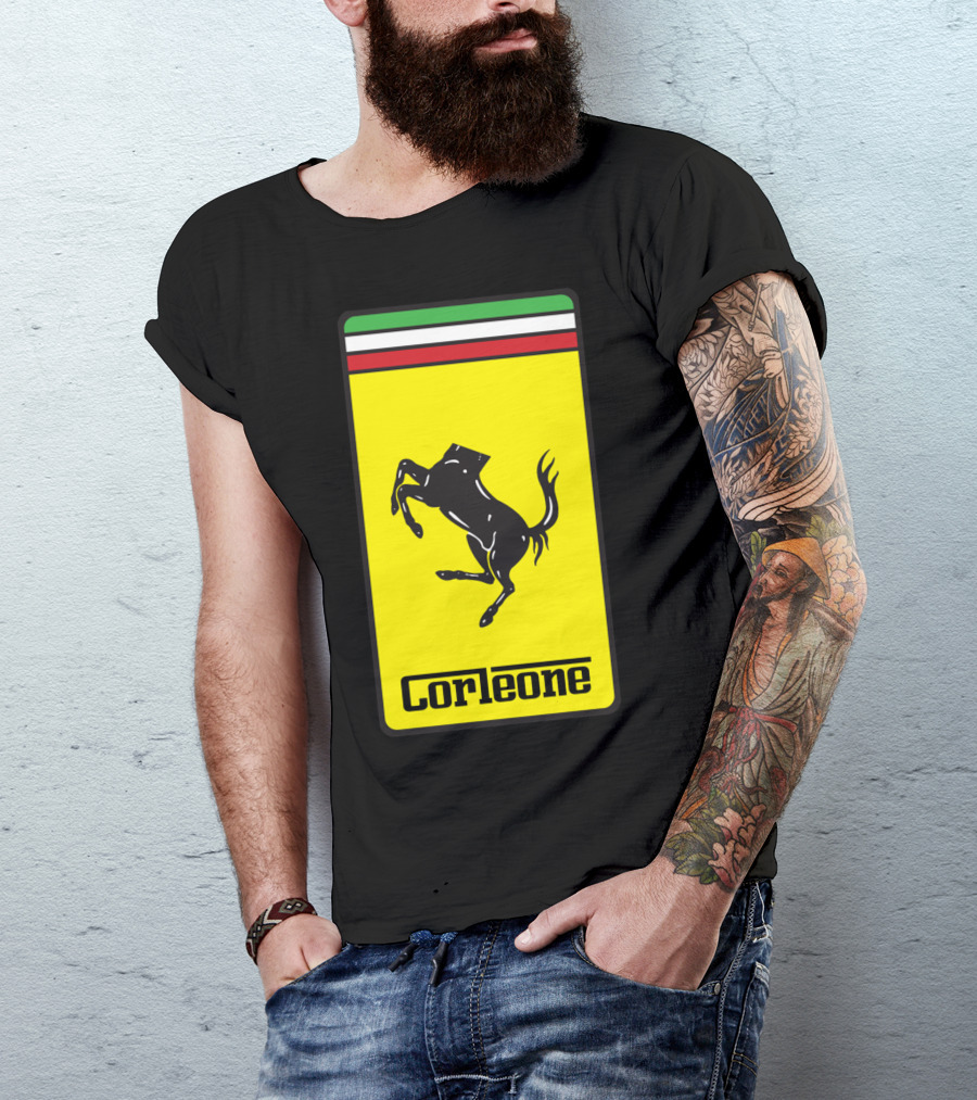 Corleone Ferrari Style Logo Black Horse On Italian Flag Background T-Shirt