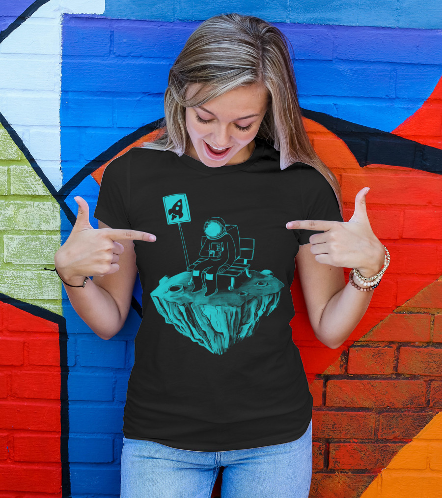 Astronaut Waiting At Rocket Bus Stop On Floating Island T-Shirt