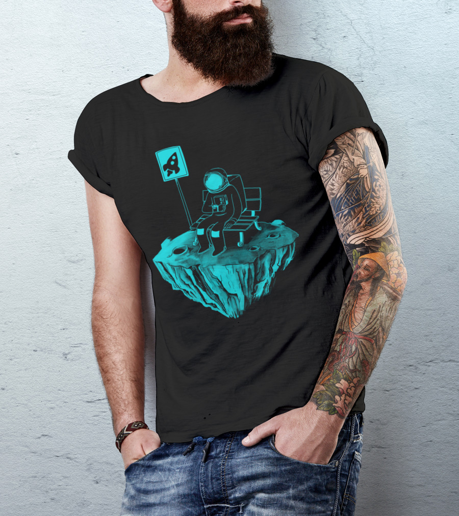Astronaut Waiting At Rocket Bus Stop On Floating Island T-Shirt