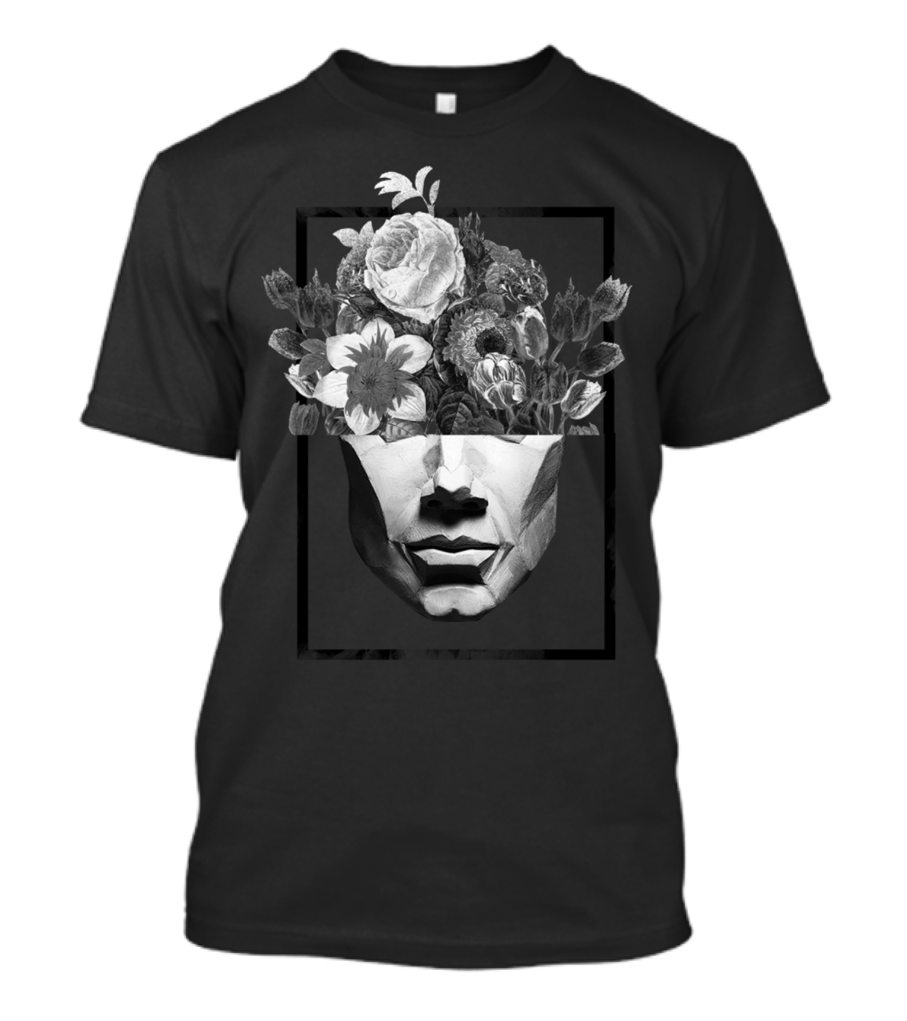Man Floral Head With Black And White Flower Collage T-Shirt