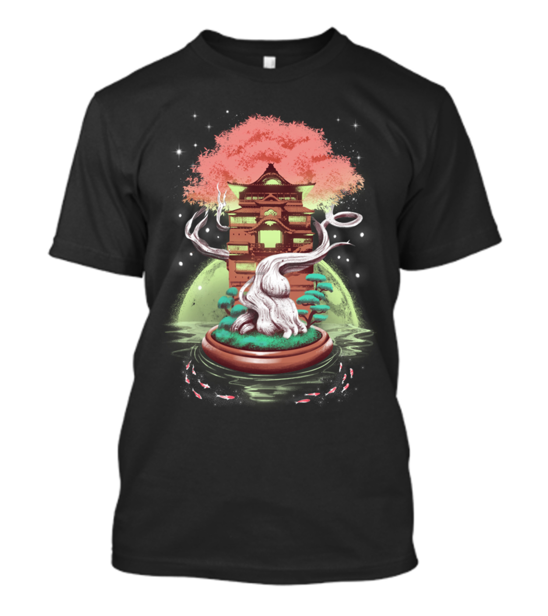 Cosmic Bonsai Tree With Japanese Pagoda And Koi Fish Under Starry Sky T-Shirt
