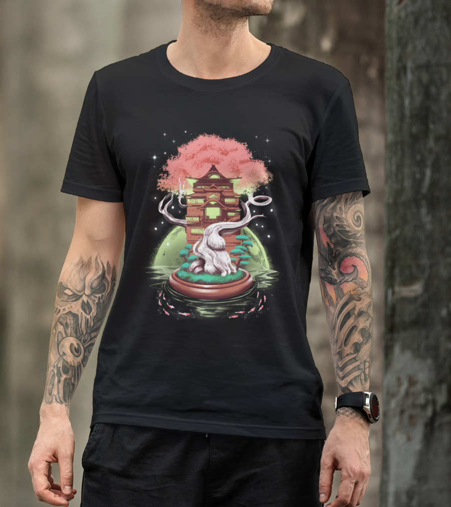 Cosmic Bonsai Tree With Japanese Pagoda And Koi Fish Under Starry Sky T-Shirt